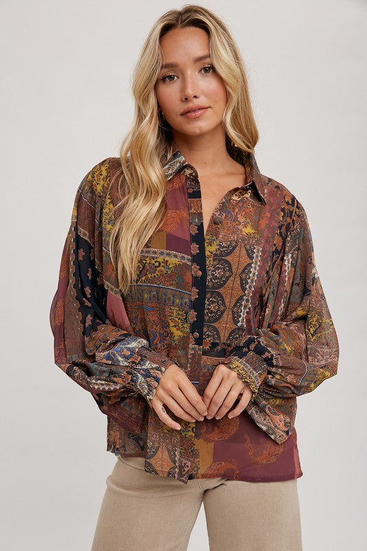 Scarf Print Bishop Sleeve Blouse- Small