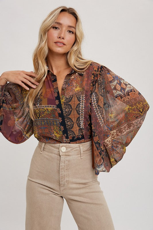 Scarf Print Bishop Sleeve Blouse- Small