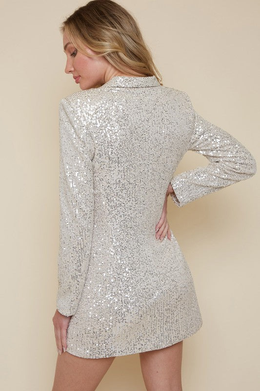 sequin blazer dress silver One Shoulder Sequin Blazer Dress
