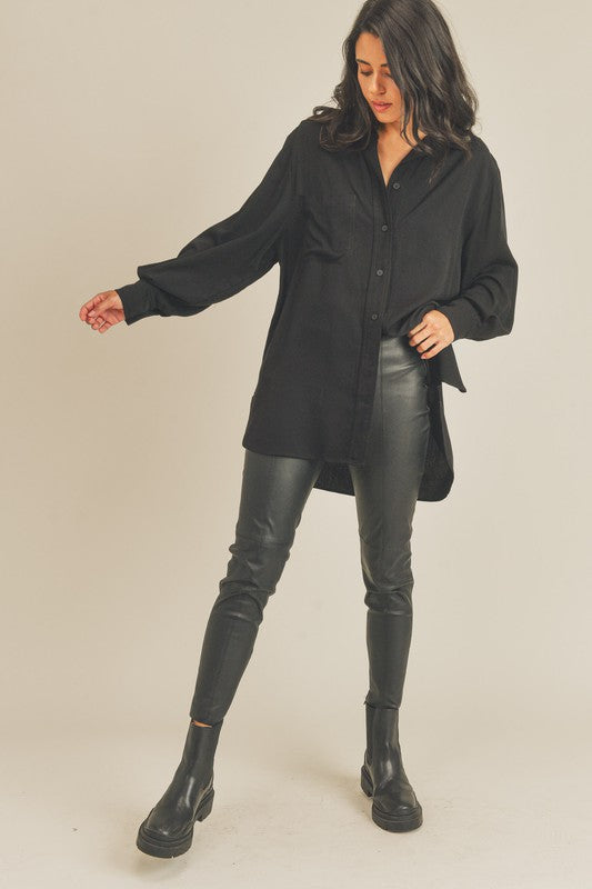 Collared Button Down Tunic in Black- Small